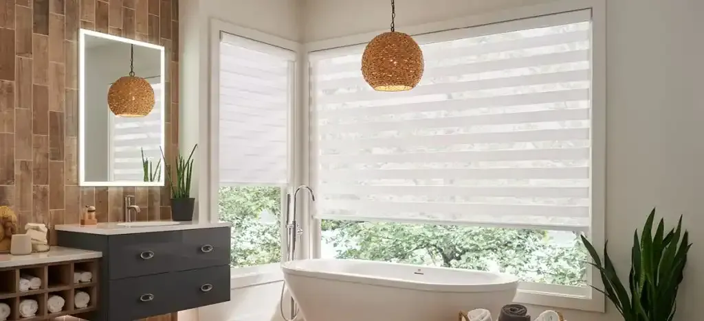 Bathroom with an oval bathtub, large windows with white blinds, and a brown brick-like wall.