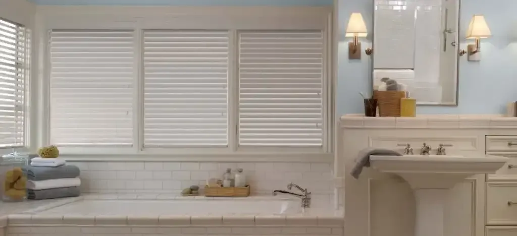 Bathroom with a bathtub, window with blinds, sink, mirror, and wall sconces.
